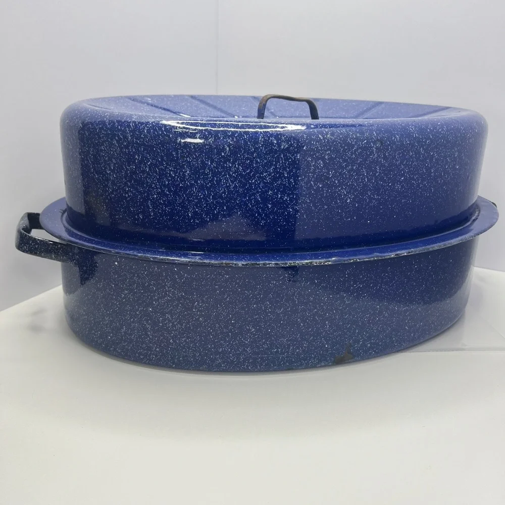 Antique Blue Speckled Enamelware Roasting Pan High Dome Lid Deep Form Farmhouse